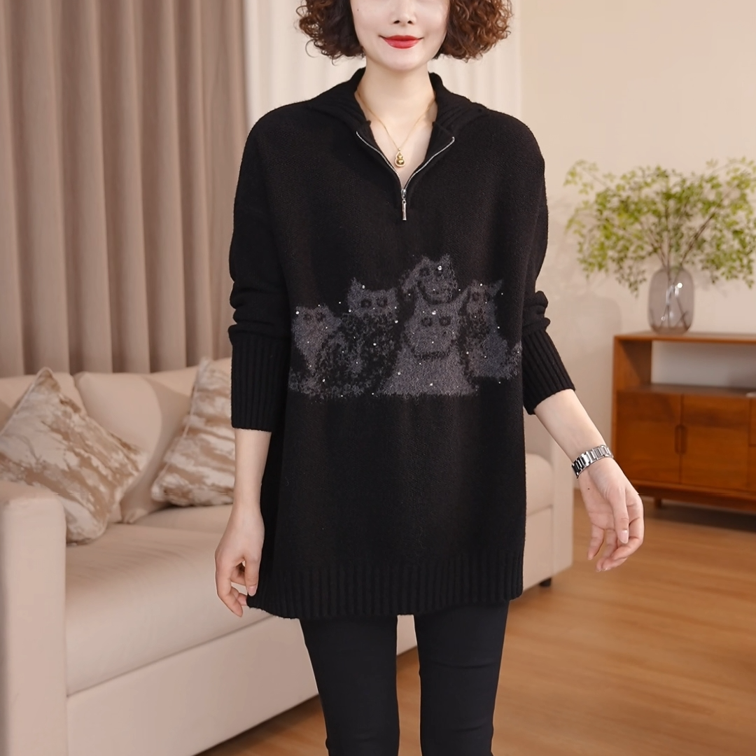 【招财猫】宽松洋气毛衣女冬季中长款大码休闲胖妹妹内搭上衣