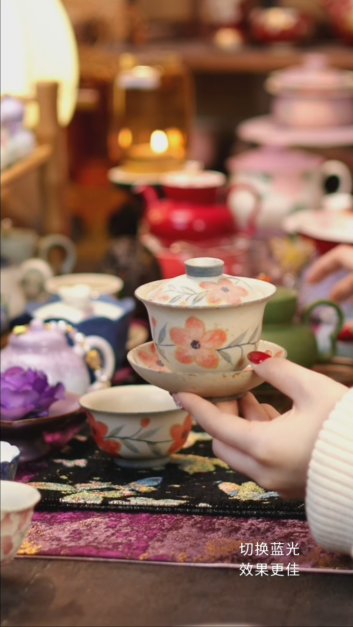 手绘桃花三才盖碗