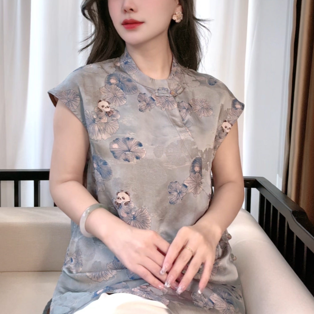 夏季新中式国风桑蚕丝复古短袖时尚提花修身百搭上衣女S206