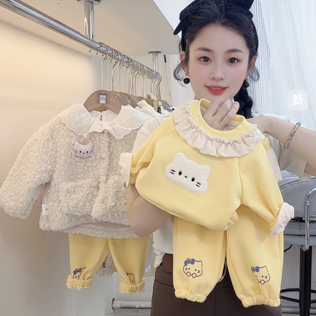 秋冬款黄色加绒猫咪分体套装女宝宝可爱超萌套装休闲