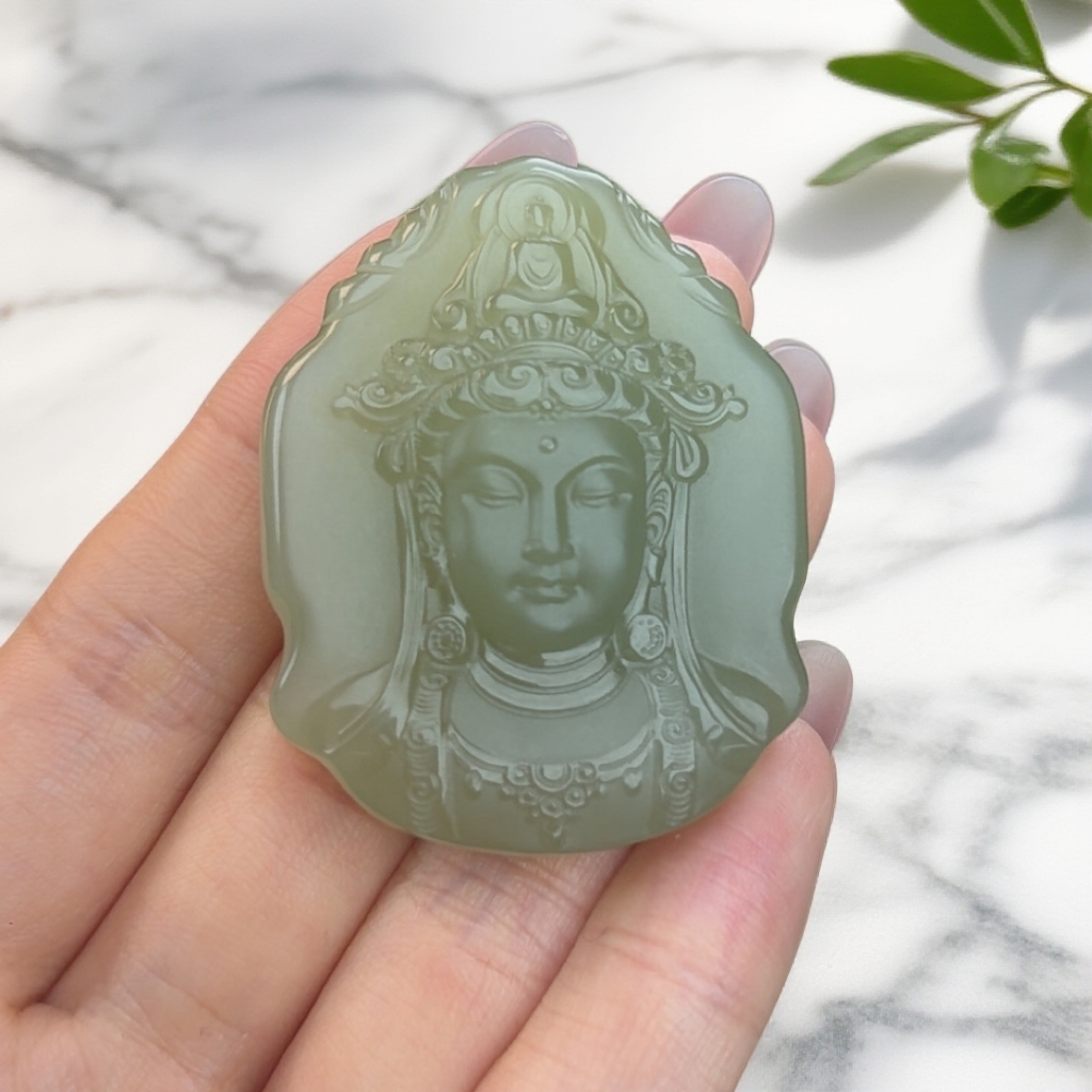 和田玉手工雕刻六字真言观音牌