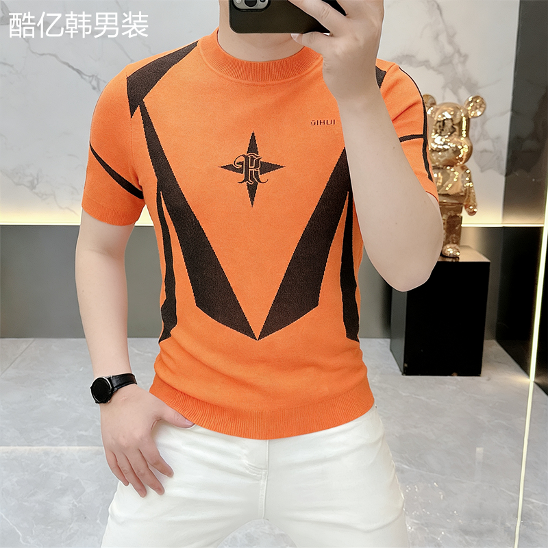 2026早春针织短袖男T恤印花欧货时尚修身百搭春夏半袖上衣潮1168