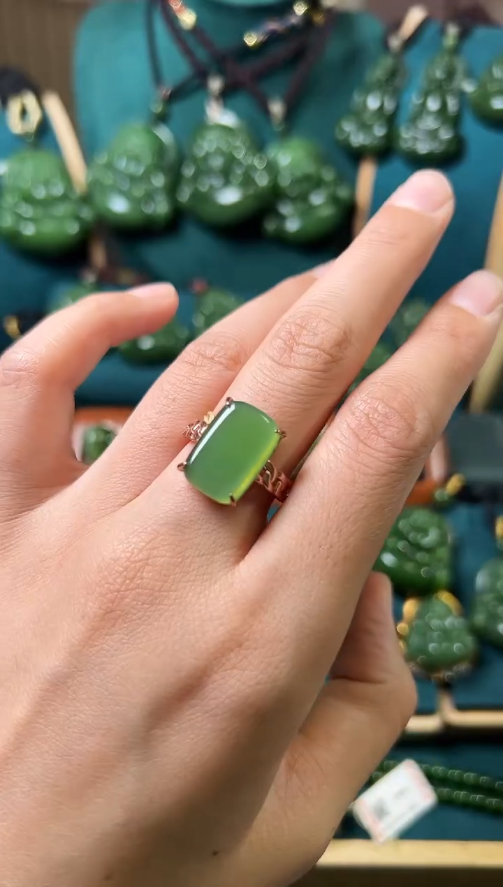 和田玉（碧玉）戒指银S925镶嵌碧玉