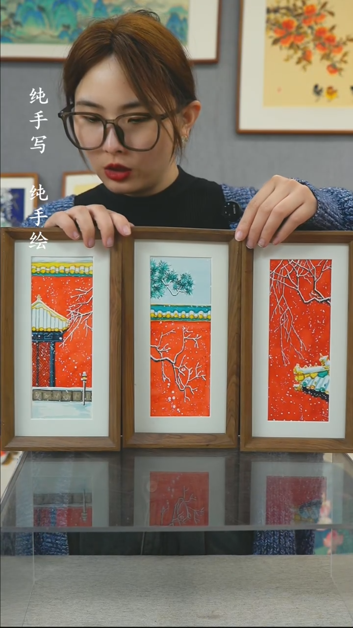 【闪购商品】国画手写手绘带框作品-16*29-三个一套