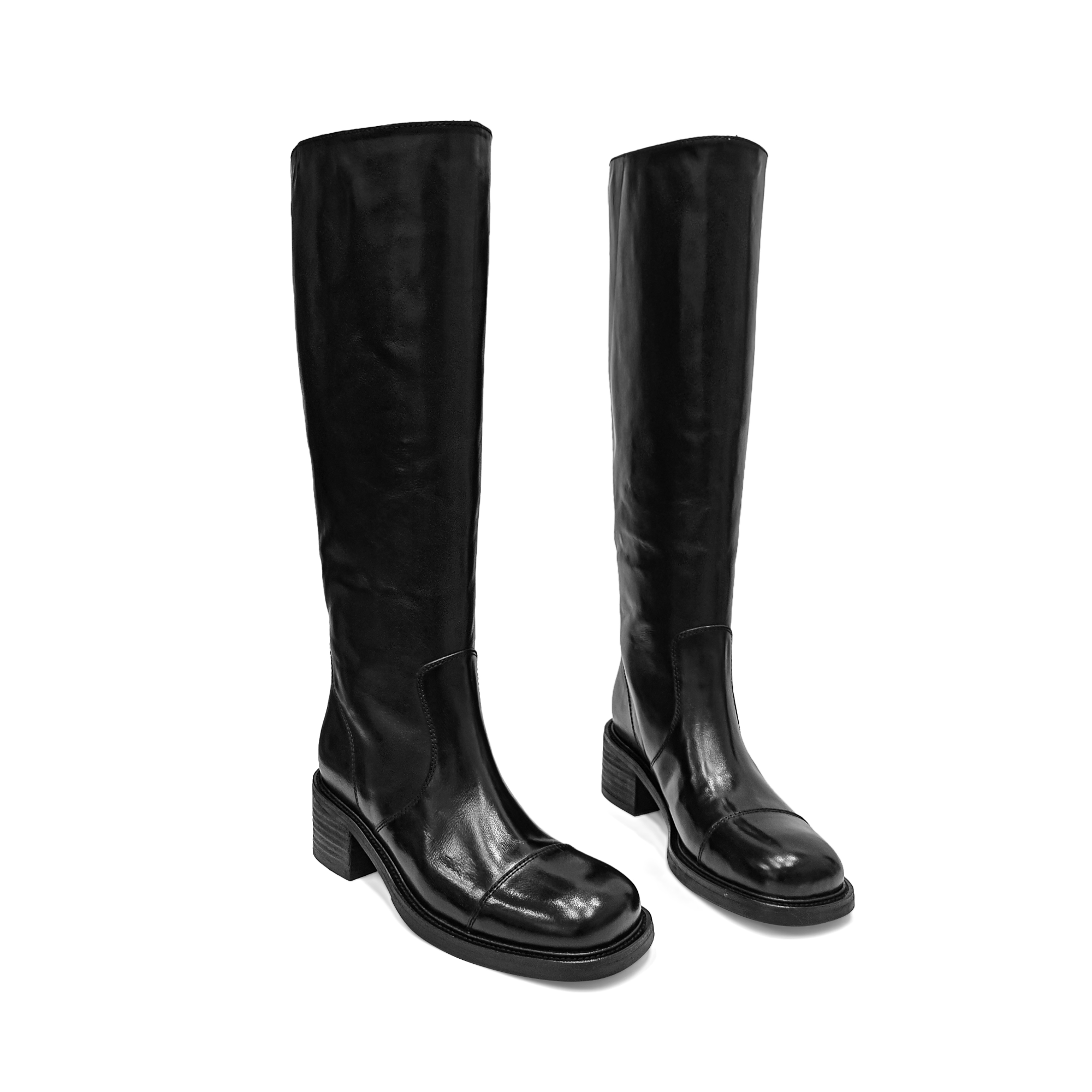 水洗马皮时装靴英伦风厚底秋冬小香长筒女靴不过膝圆头中跟高靴