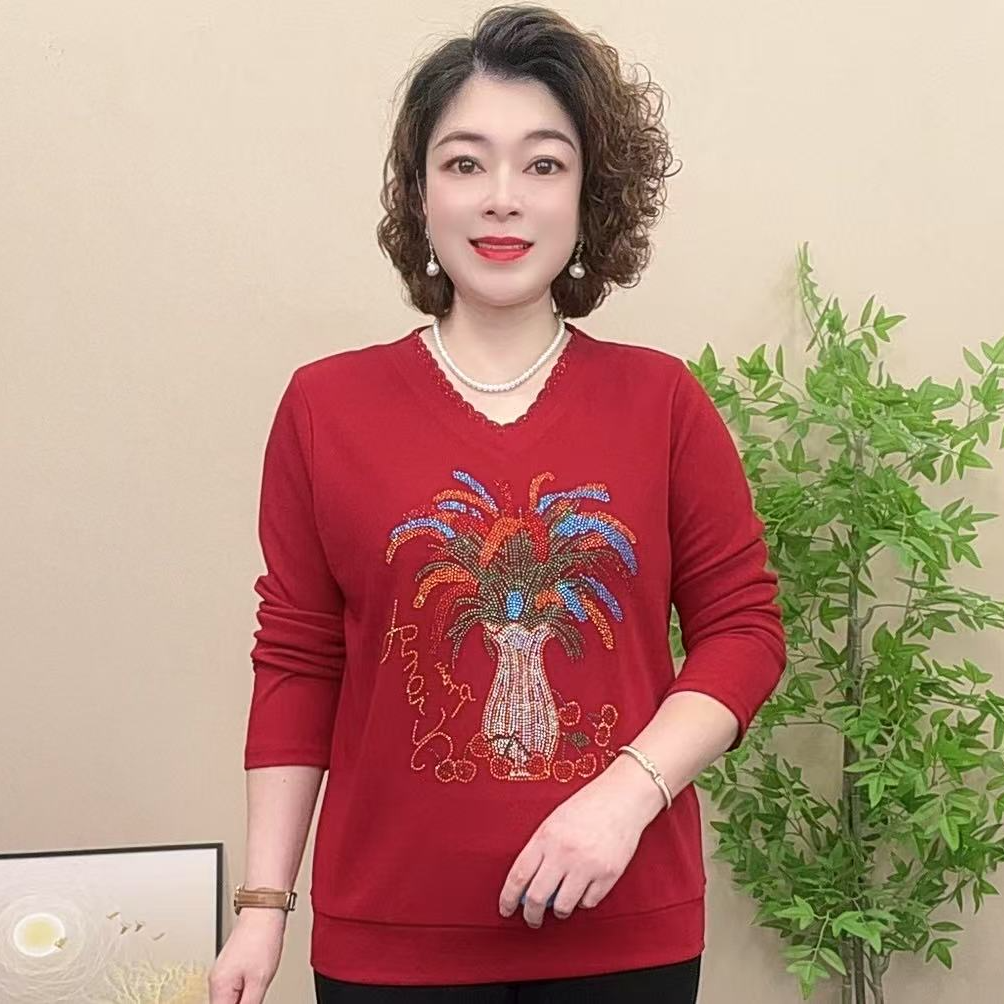 长袖妈妈装时尚中老年女装V领常规短款秋季气质烫钻百搭宽松女士