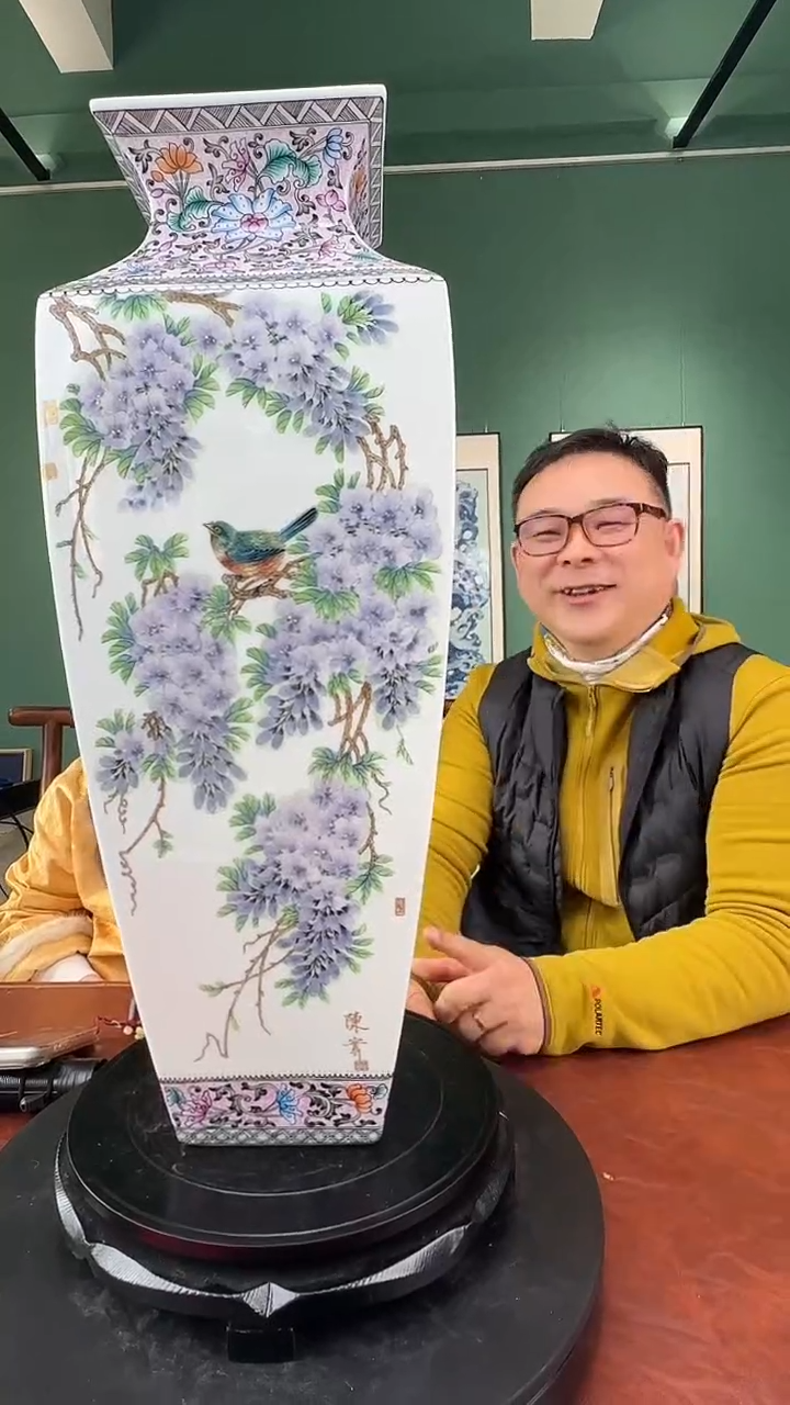 瓷片景德镇陶瓷手绘水点桃花紫气东来四方镶器赏瓶