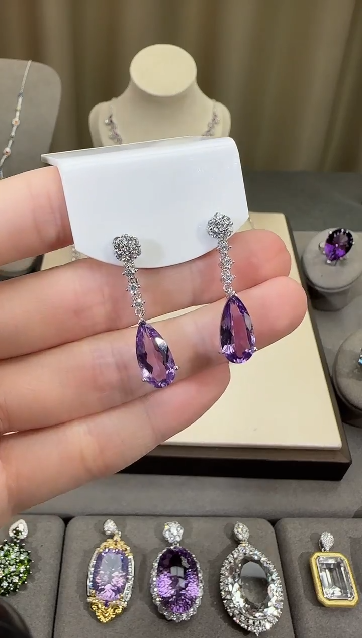 银S925镶嵌耳饰紫晶8*14mm耳坠水滴款