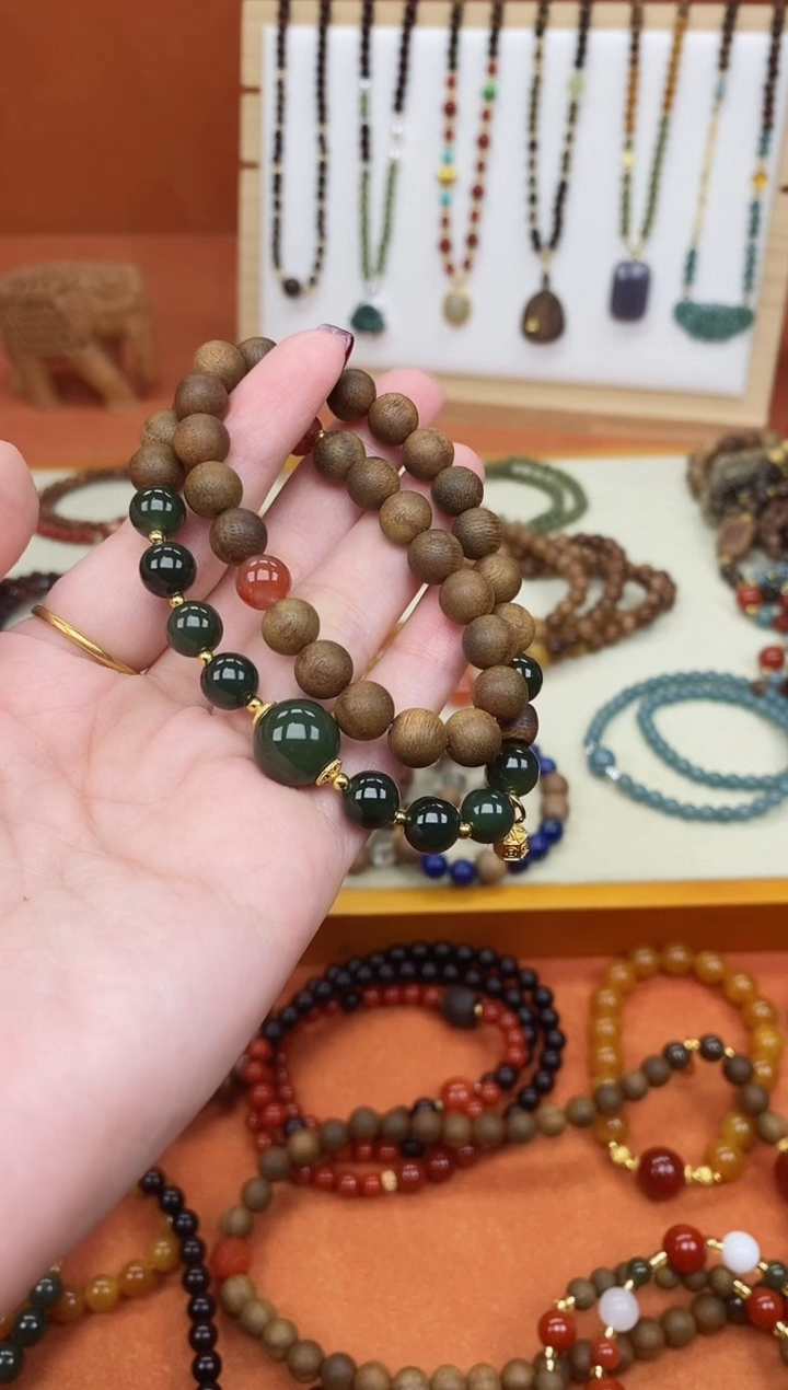 手串檀香木未镶嵌莺歌绿浓晴双圈手串