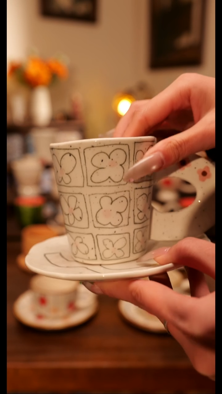 陶便携款粗陶小花花杯碟 手作   手绘釉下彩