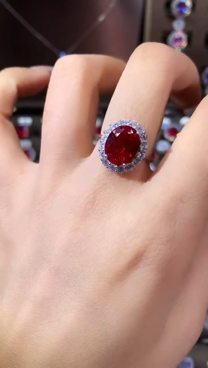 银S925镶嵌戒指红宝石911酒红银色