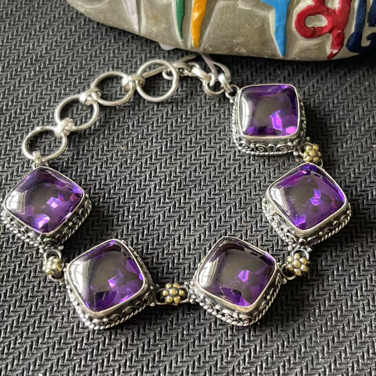 925银手链 银制紫色蛋面链子女复古设计师小众民族风手工