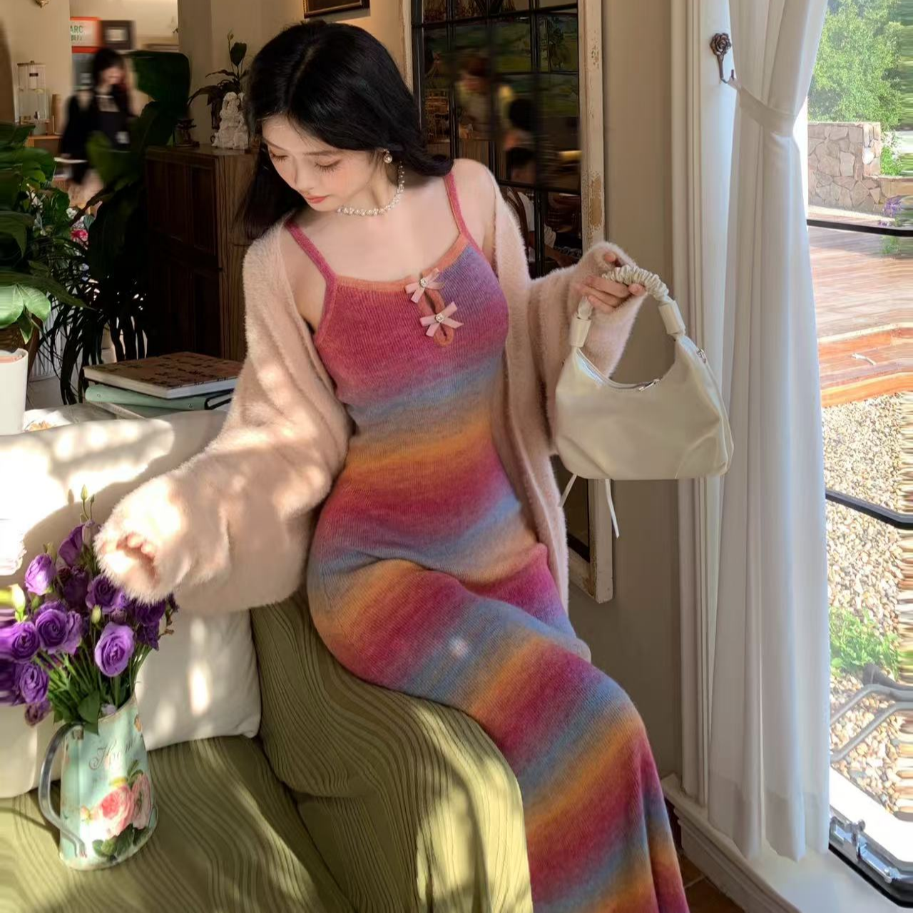 Blovelan夕阳蜜织 甜美缤纷糖果色吊带针织修身显瘦连衣裙