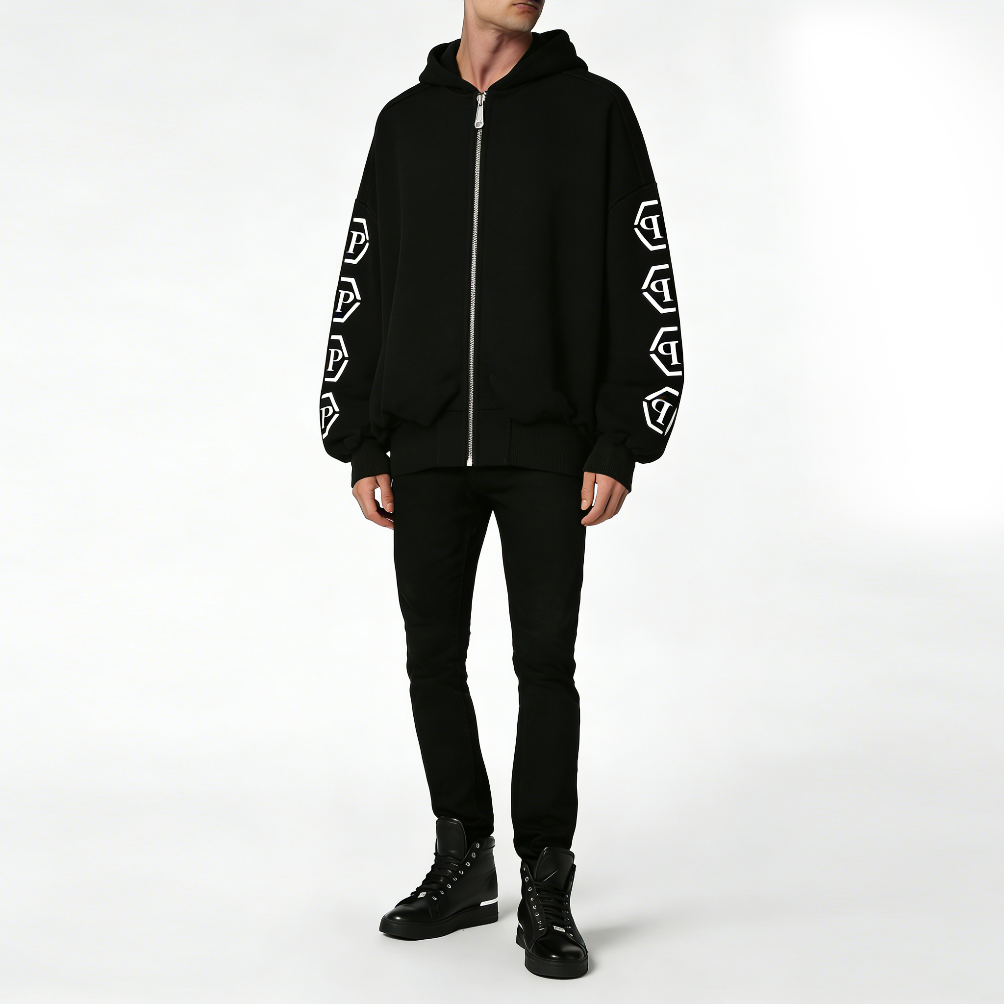 PHILIPP PLEIN 2025新款男士经典徽标PP六边形印花拉链连帽卫衣
