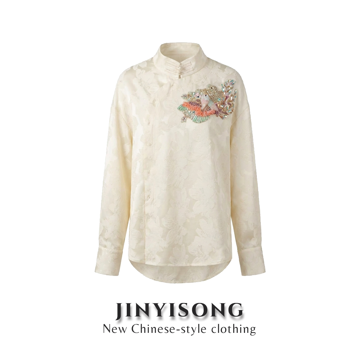 JINYISONG｜"玉立"新中式重工法绣斜襟白色衬衫太太服