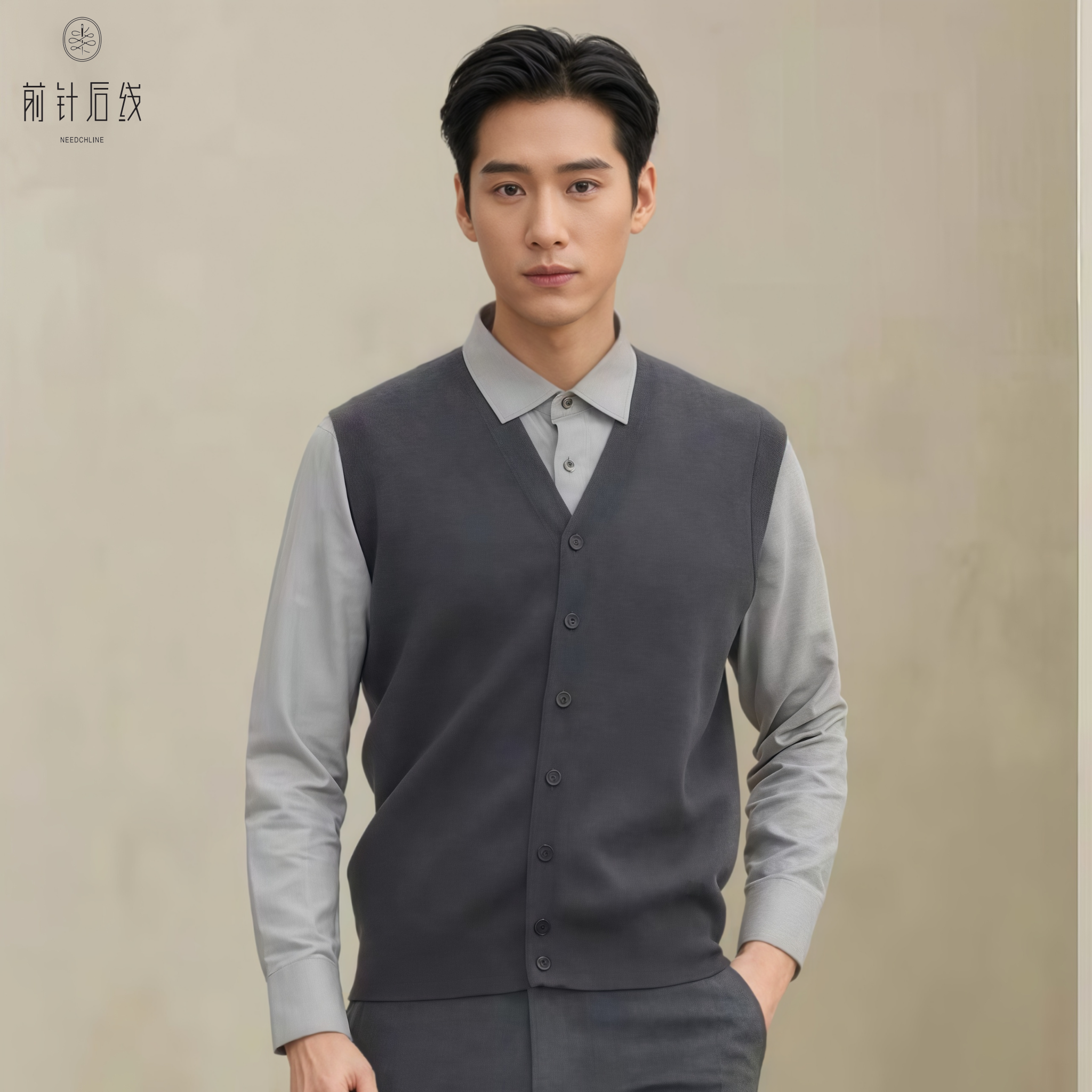 100%纯羊绒衫男士V领纽扣马甲品质商务男装精纺针织休闲秋冬保暖