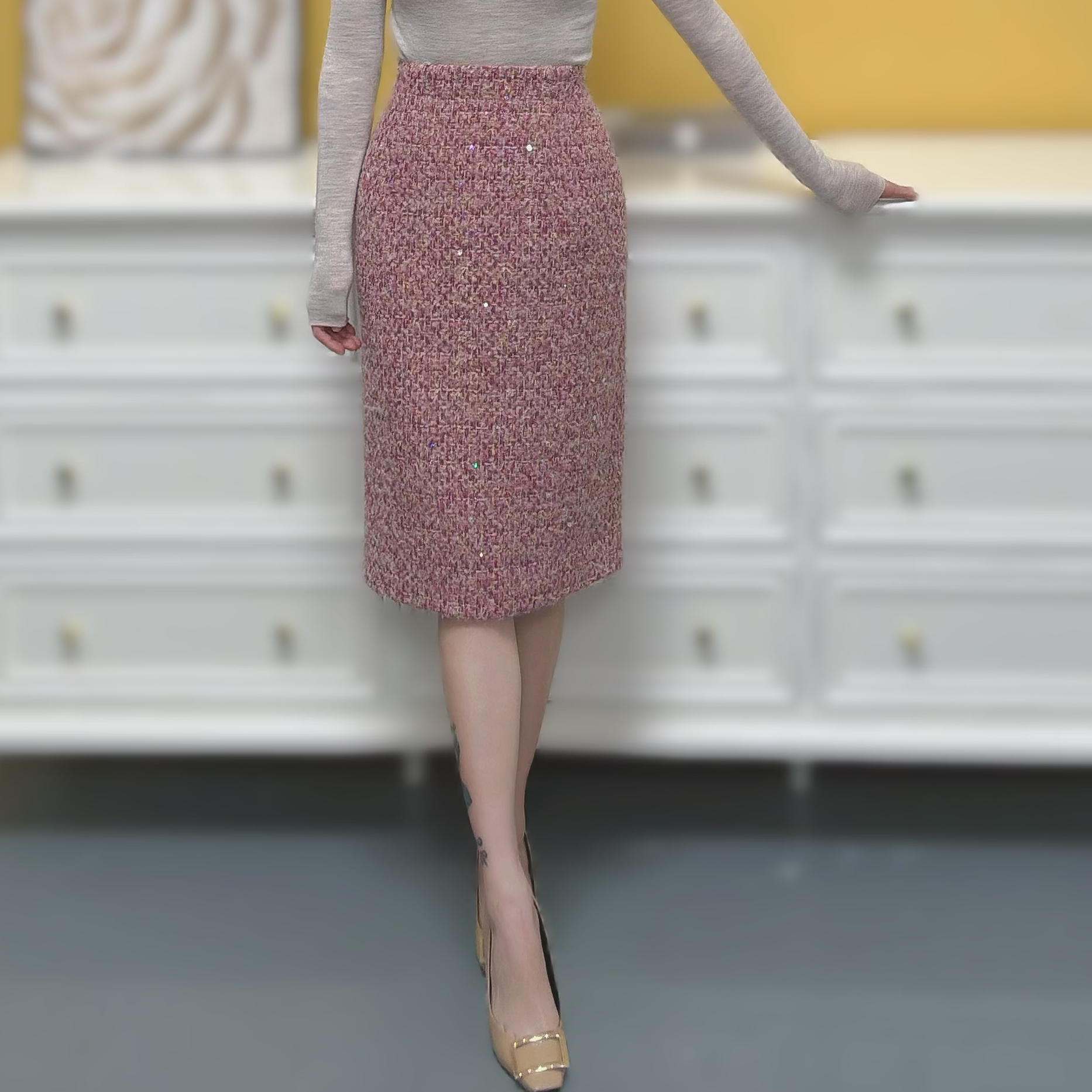 剀剀莉（长相思）秋冬粉色定制羊毛金丝亮片时尚修身显瘦小香半身裙