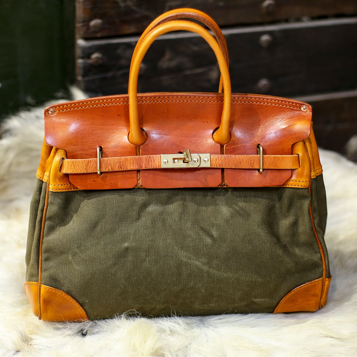 38CM复古手工包重磅帆布意大利头层植鞣牛皮铂金包手提斜挎铜五金