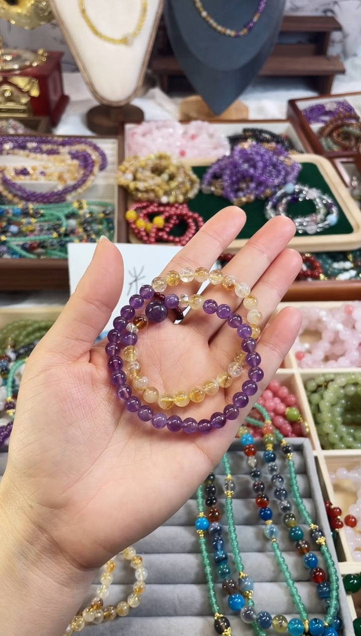 【闪购商品】玛瑙/玉髓手链未镶嵌紫黄双圈水晶