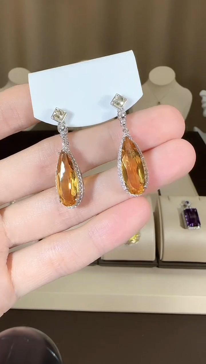 【闪购商品】黄晶耳饰银S925镶嵌8*18mm耳坠