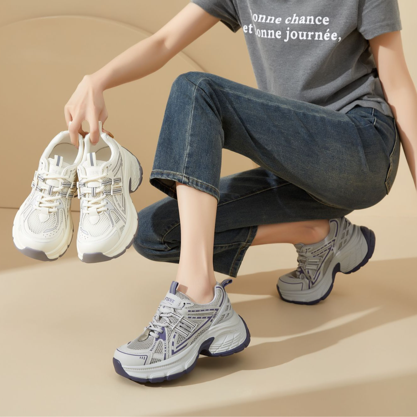 202 老爹鞋女春季新款运动鞋女时尚百搭真皮厚底网面休闲鞋女