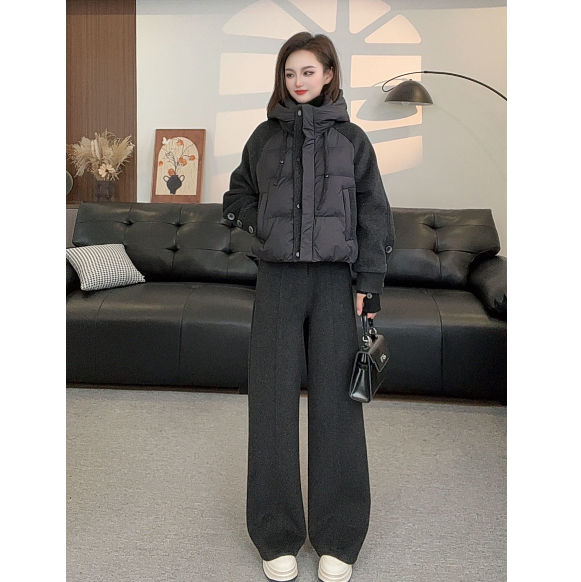 25冬季新款女【羊毛棉外套+羊毛裤】显瘦拼接带帽设计感时尚套装