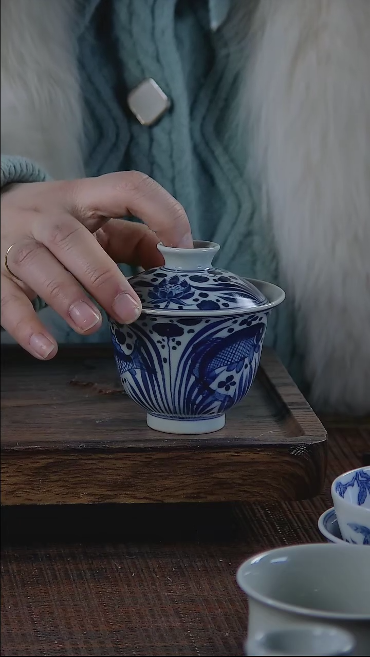 【闪购商品】折葵非器手工手绘鱼藻小盖碗