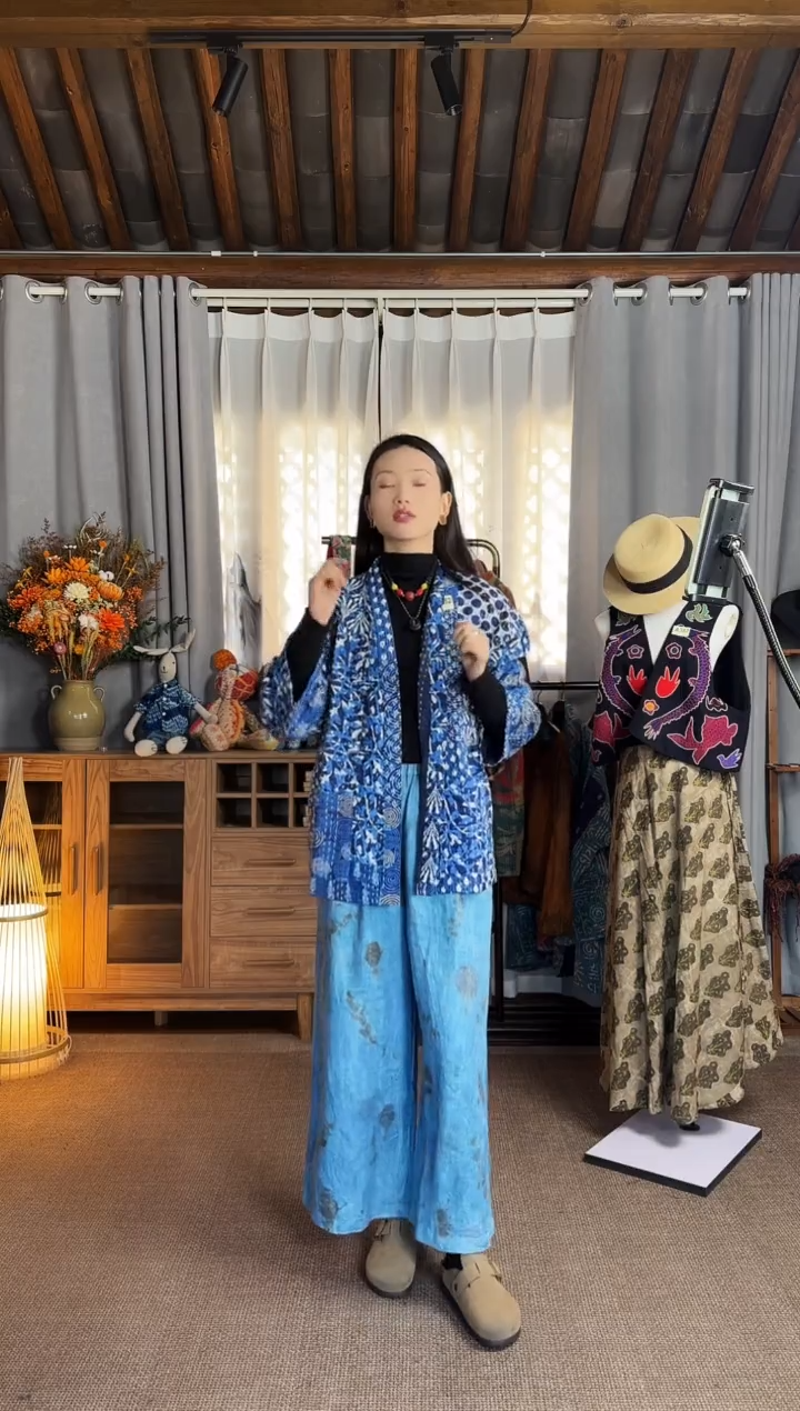 【闪购商品】设计师款刺子绣腰带蓝外套