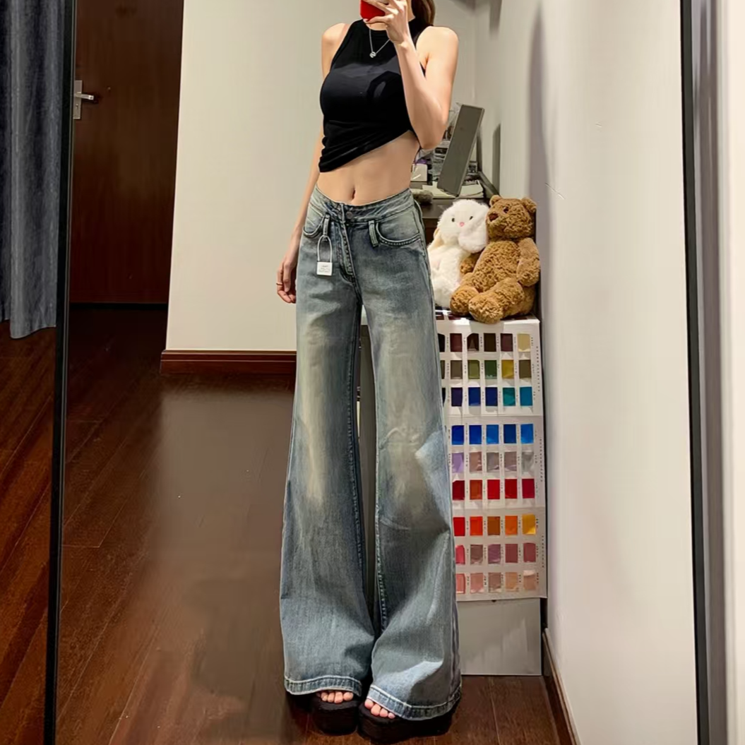 秋季纯欲慵懒风微喇牛仔裤女梨形身材不褪色高腰显瘦显腿长微喇裤