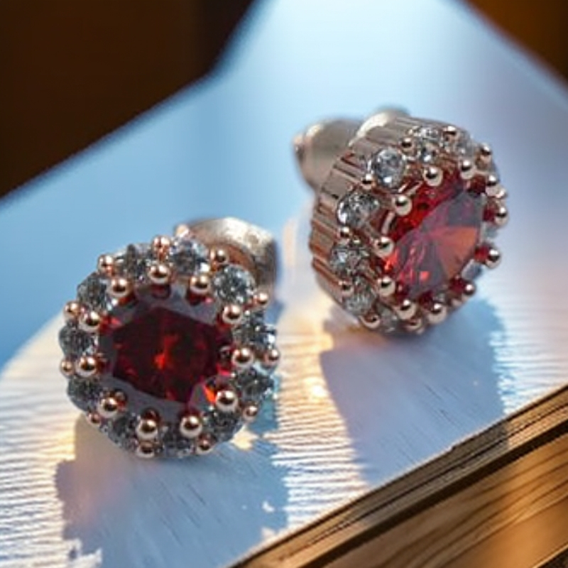 铜合金锆石耳饰 耳钉复古简约红色轻奢彩色饰品耳饰银镀满钻