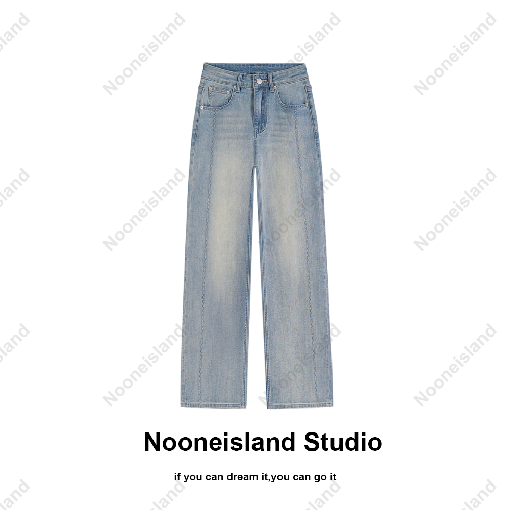 Nooneisland浅蓝色复古水洗牛仔裤冬季新款休闲高腰百搭裤子6099