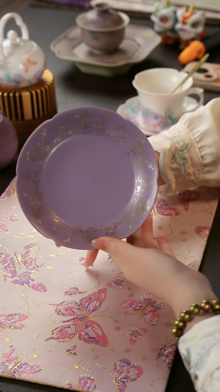 陶瓷茶具紫牡丹壶承