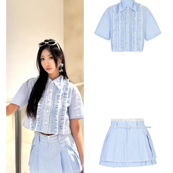 【今安安】韩系蓝色条纹蕾丝刺绣polo领休闲衬衣套装25夏新