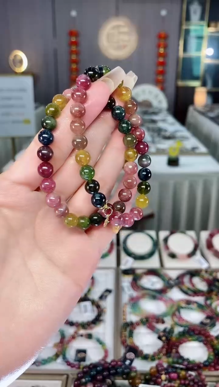 老矿碧玺油料色标彩虹单圈手串7mm+未镶嵌碧玺mz多样性发货一条