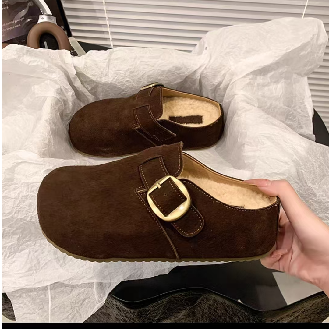 f031爆款勃肯鞋女包头半拖鞋2025新款羊羔毛毛鞋厚底一脚蹬博肯鞋