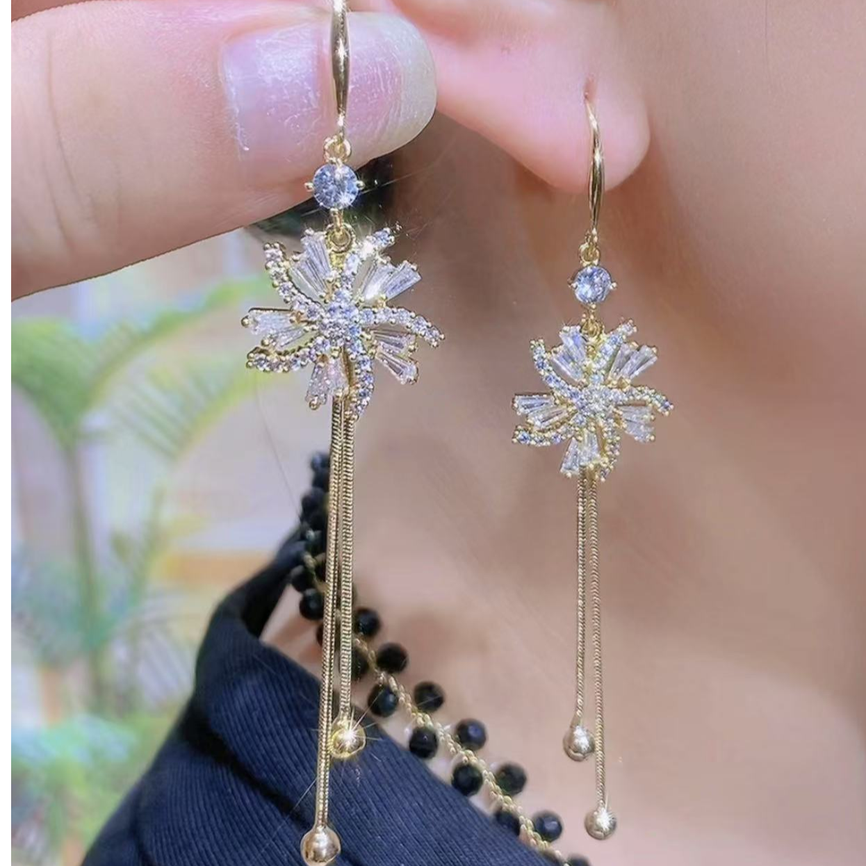 铜合金耳饰 （199号）风花耳饰合金锆石花朵流苏长款气质显脸小森系