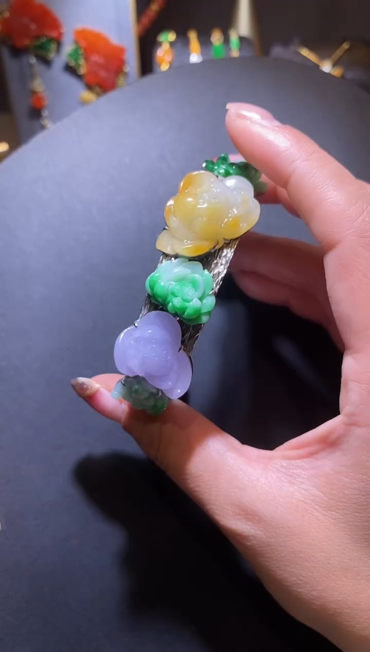 银S925镶嵌手镯翡翠翡翠花朵手镯（57~59）