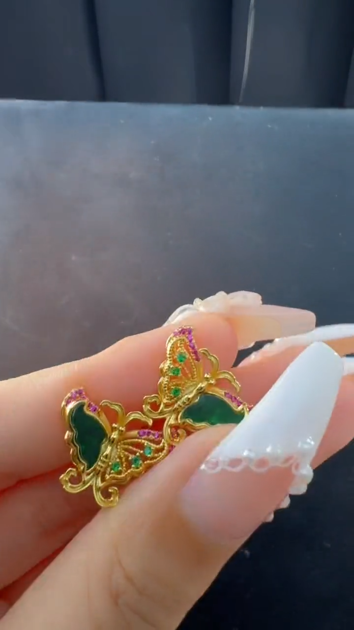 【闪购商品】翡翠耳饰银S925镀金镶嵌天然缅甸翡翠A货耳钉