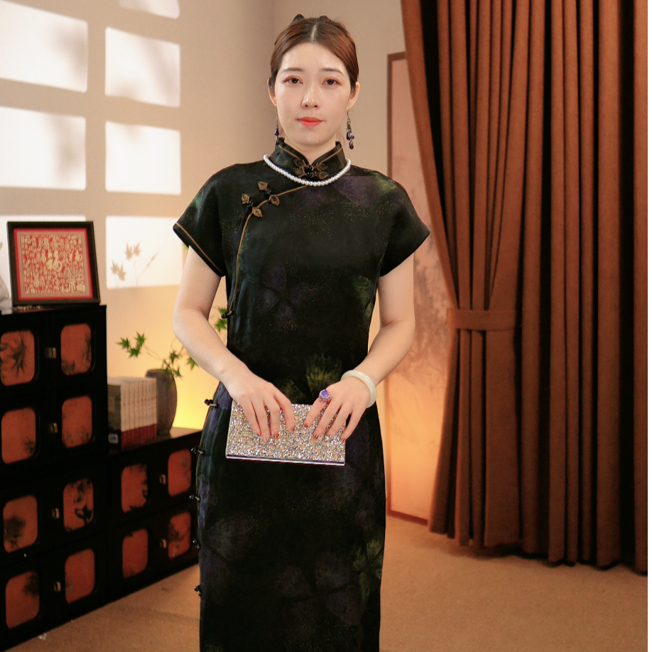 【蝶烟纱】百分百桑蚕丝重缎提花真丝香云纱全开襟古法手工旗袍裙