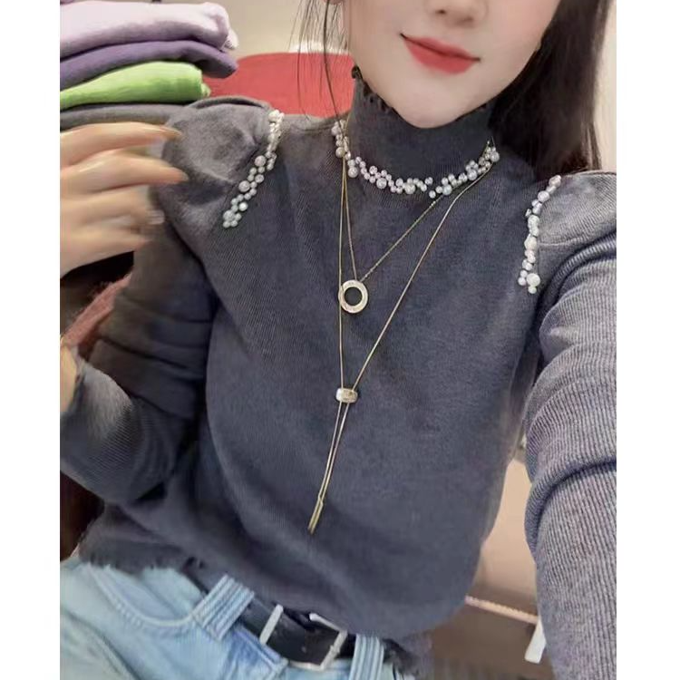 2025韩系新款秋冬季时尚钉珠高领花边带钻圣诞红长袖针织衫H5-49