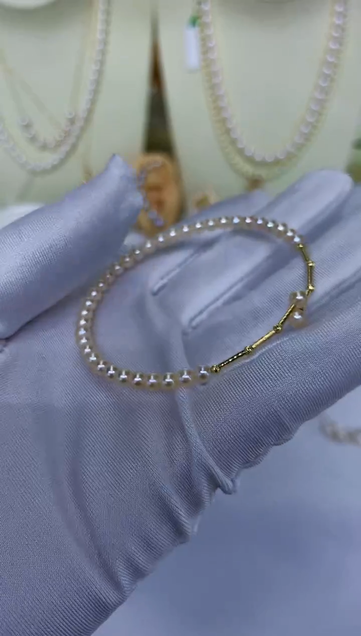 18K金镶嵌DA淡水珍珠中国红手镯3-4MM X083