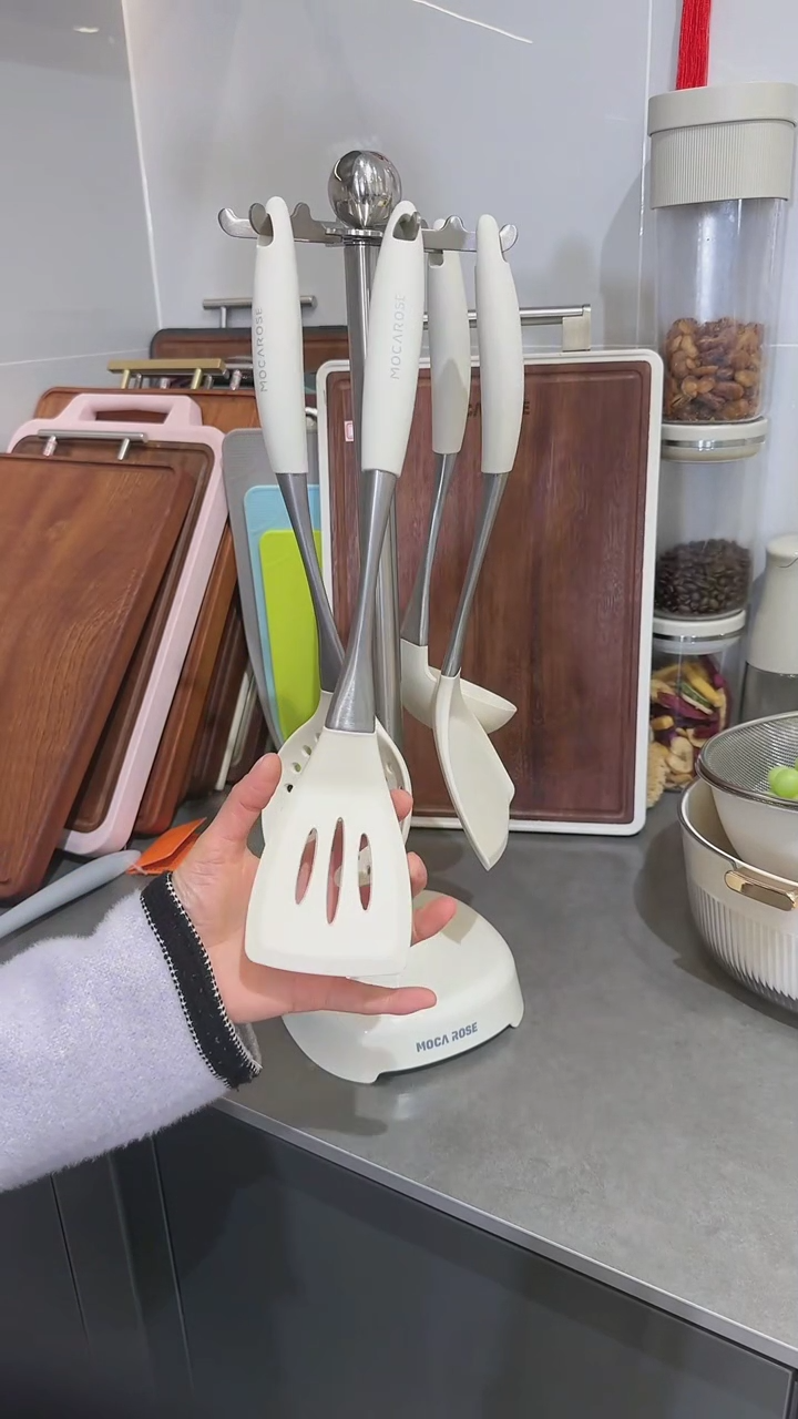 【闪购商品】瓷奶油白不锈钢锅铲架5件套（304不锈钢)