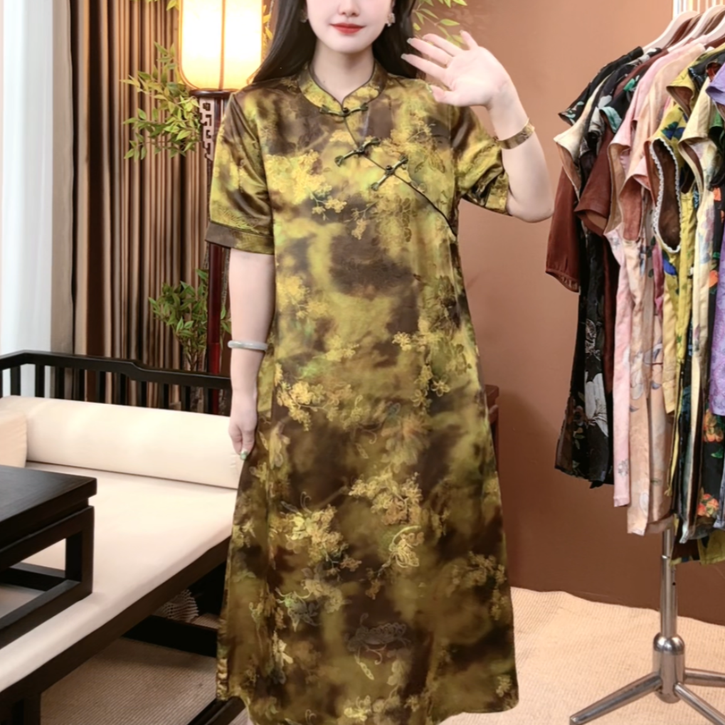 2025夏季新款时尚新中式桑蚕丝连衣裙显瘦百搭旗袍裙S038
