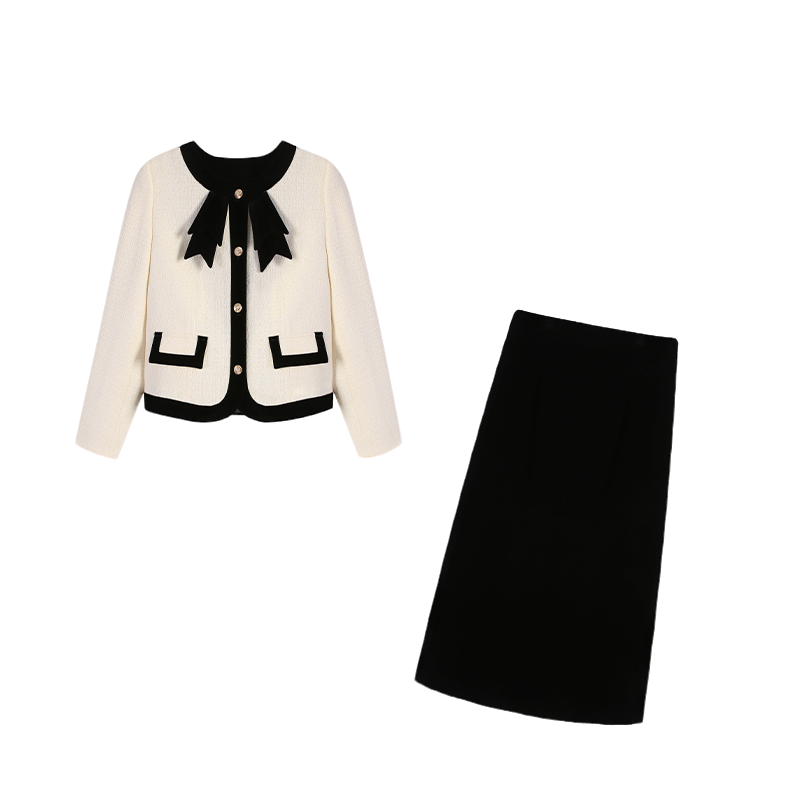 【大码显瘦】杏色上衣+黑色长半裙两件套ZL100869半身裙小香风