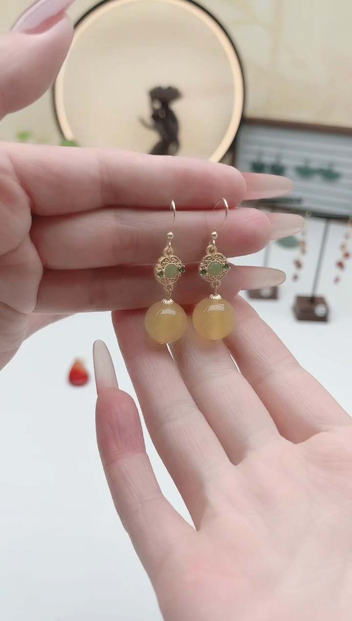 未镶嵌耳饰玛瑙/玉髓921黄色国风14