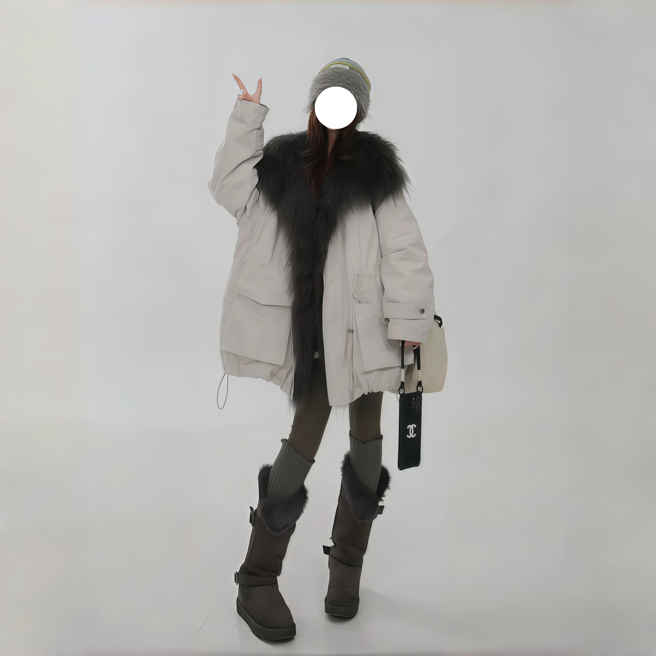 【XMEY】“白鹭”可拆卸环保毛领鹅绒内胆人造皮草外套2025新款工装风