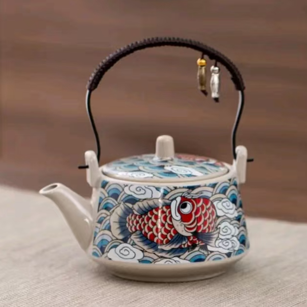 G3339-海浪锦鲤单提梁壶泡茶壶（无礼盒）-A鎏银