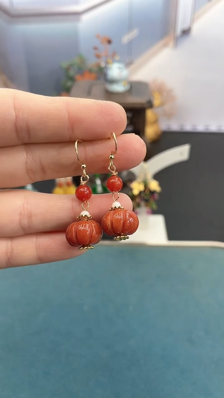 14K金镶嵌翡翠耳饰兜*姐14mm红南瓜耳钩