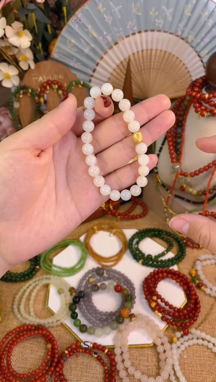 【闪购商品】和田玉手串18K金镶嵌白玉
