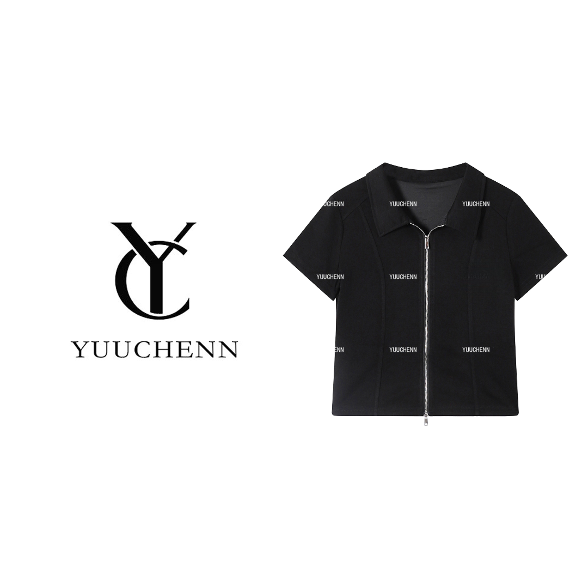 YUUCHENN夏季黑色翻领运动风上衣休闲T恤短袖-65160